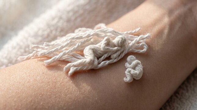 Macro of a towel fiber against skin, the fibers forming tiny resting figures