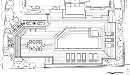 Obraz premium Architectural site plan of a modern backyard patio featuring a swimming pool dining area and lounge seating