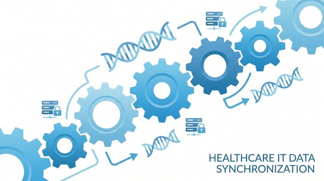 Healthcare IT Data Synchronization, a conceptual illustration of medical information flow and secure data management. Blue gears, DNA strands, and server racks depict technology, biology