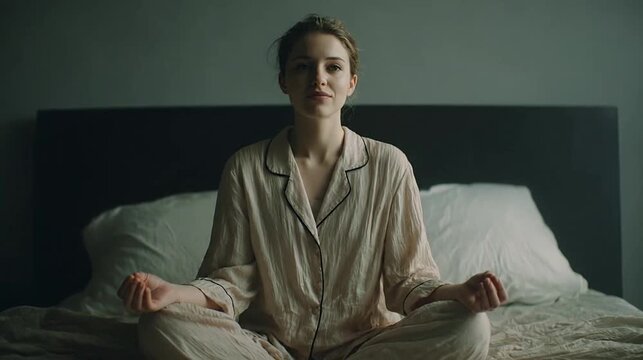Serene young woman in pajamas meditates on bed with closed eyes and mudra hands