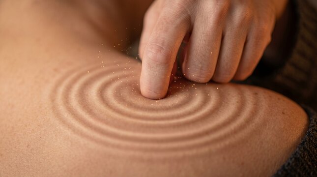 Macro of a single knuckle pressing into a pressure point, rings of relaxation spreading outward