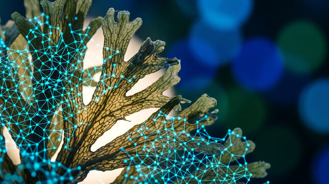 Dried Farmed Seaweed Overlaid with Bright Biotech Molecular Mesh Structure