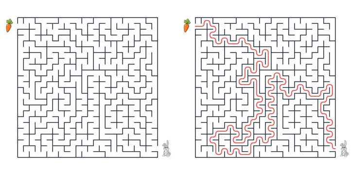 Square maze puzzle rabbit path to carrot with solution for attention