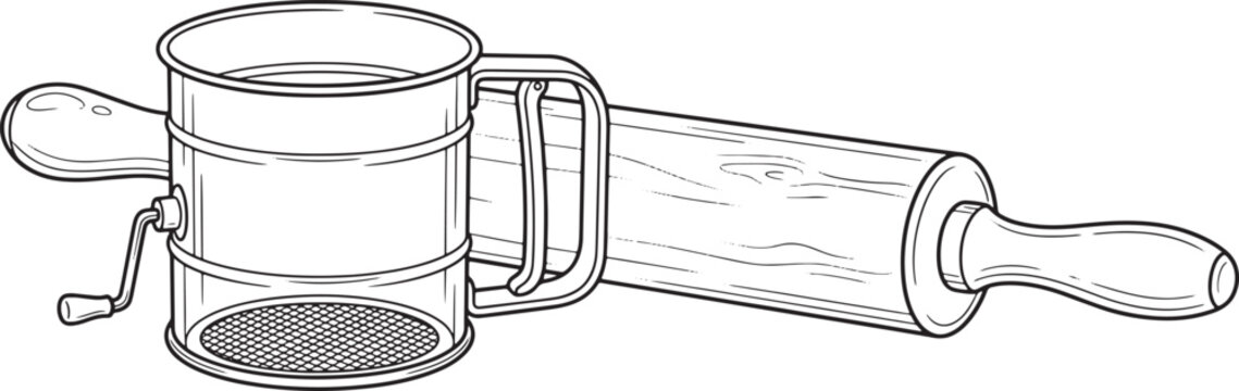 Flour sifter and wooden rolling pin line art illustration for baking and kitchen preparation concept vector graphic