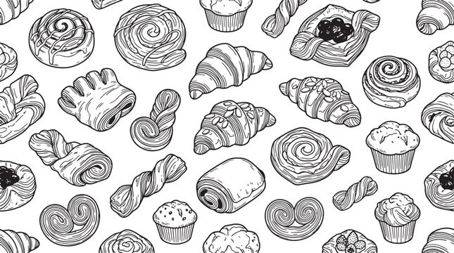 Hand drawn bakery pattern with assorted pastries croissants and muffins in black and white vector illustration style