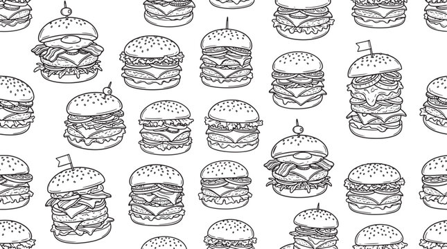 Hand drawn burger seamless pattern with various cheeseburgers and fast food snacks in black and white vector