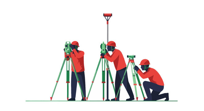 Surveyors with Theodolite and Total Station Equipment on White Background