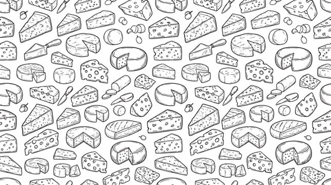 Hand drawn cheese pattern with various dairy products and wedges in a seamless black and white illustration