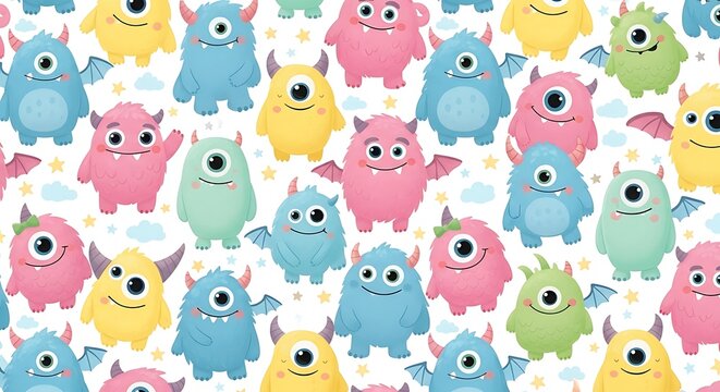 Colorful monster pattern cheerful cartoon characters on white background