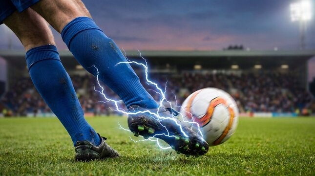 Close Up of Soccer Player Kicking Ball with Lightning and Electricity Special Effects on Stadium Field