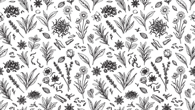 Hand drawn herbal tea ingredients pattern with dried flowers leaves and spices in black and white vector
