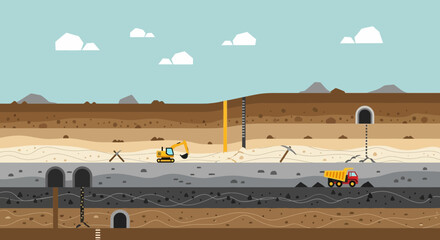 Cross-section of underground mine with excavator, truck, tunnels, and geological layers © Intan