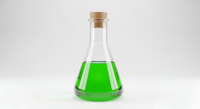 Green Liquid in a Laboratory Flask with Cork Stopper.