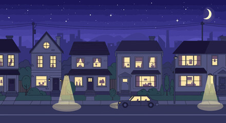 Pixel Art Neighborhood at Night, Houses with Lights, Car, Street Lamps, Moonlit Sky © Intan
