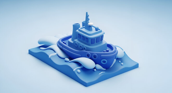 Stylized Blue Tugboat Illustration on Water.