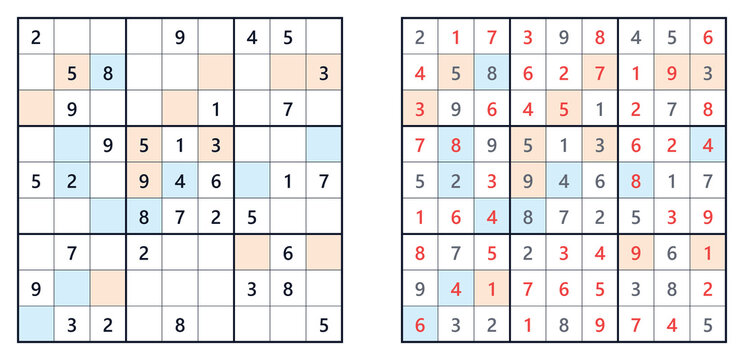 Sudoku puzzle grids with filled and highlighted numbers in color  