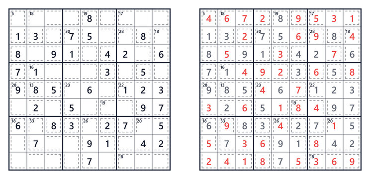 Sudoku puzzle grids with numbers and red highlighted solutions  
