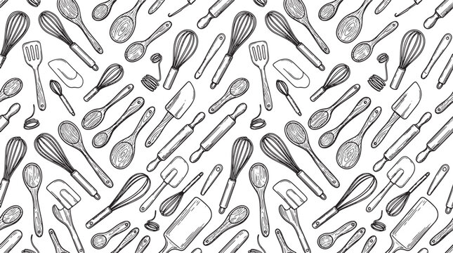 Kitchen utensils pattern with whisks spoons and rolling pins hand drawn sketch vector illustration for culinary design