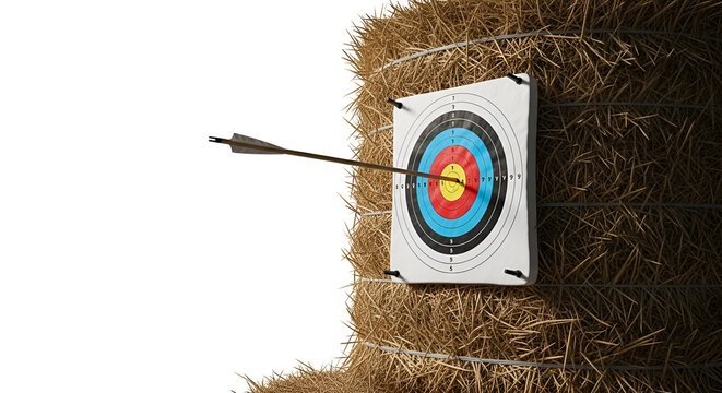 Archery Target Hit by Arrow on Hay Bale.