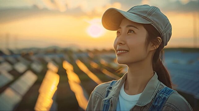 A smiling woman in a cap looks up at the golden sunset over a solar panel farm
