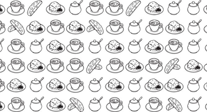 Seamless pattern of coffee cups, sugar bowls, and biscotti cookies in a hand drawn sketch vector style