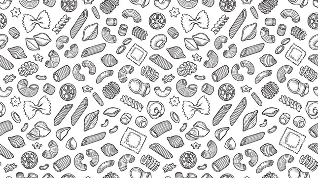 Seamless pattern of various pasta shapes hand drawn sketch style for food menu and culinary background design