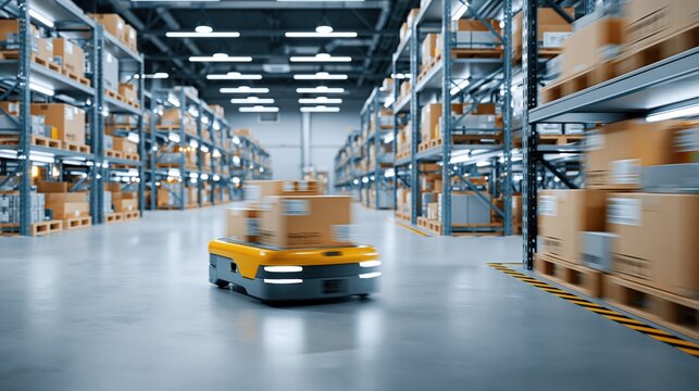 Automated guided vehicle moves boxes in a modern, high-tech warehouse with rows of shelves