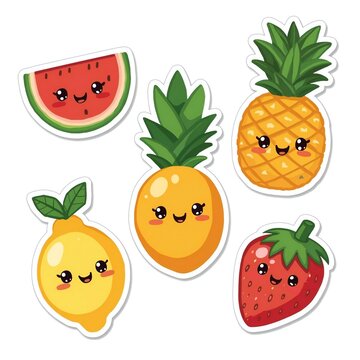 Cute kawaii fruit stickers set featuring a smiling watermelon slice pineapple lemon and strawberry