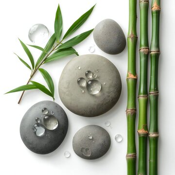 Spa stones with water drops and green bamboo stalks for a relaxing zen wellness and massage session