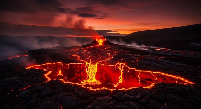 Dramatic volcano eruption at sunset fiery lava flowing landscape nature scene