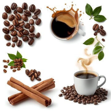 Fresh roasted coffee beans and a hot cup of coffee with cinnamon sticks and green leaves set illustration