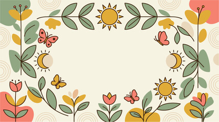 Obraz premium Floral border frame with butterflies and suns vector illustration