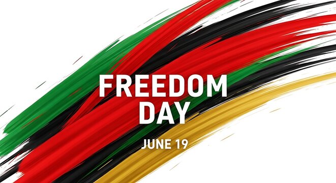 Vibrant Freedom Day graphic with red, green, black, and yellow brushstrokes celebrating Juneteenth.