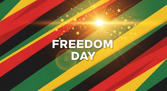 Vibrant Freedom Day celebration background with colorful diagonal stripes and shining starburst