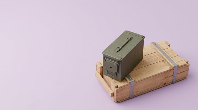 A military ammunition box resting on a wooden crate. The box is green and metallic, while the crate is made of light brown wood with metal reinforcements