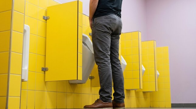 A man standing in a row of urinals in a public restroom. The walls are tiled in bright yellow and pink, with yellow stalls and white urinals