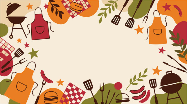 Barbecue party border background with grilling equipment and food illustration