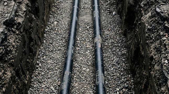 Two parallel black pipes laid in a trench with gravel parallel underground pipework installation material
