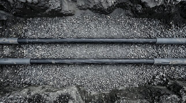Two pipes resting on gravel in a dirt trench with underground pipework installation construction excavation