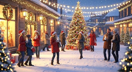 Obraz premium People Enjoying Christmas Holiday Atmosphere in a Decorated Snowy Village Square.