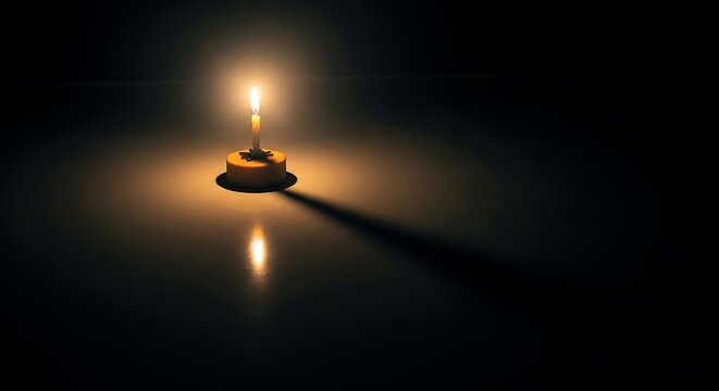 Single lit candle on a small cake in total darkness with long shadow