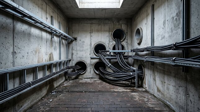 Electrical wiring and conduit in a concrete utility room with electrical concrete infrastructure technical