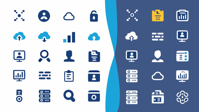 Big data user management icon set with analytics cloud storage security and database symbols in blue and white colors