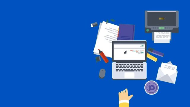 Creative hands with blue screen chroma key background. Hands typing on laptop with scattered papers and icons in modern professional workspace ideal for video editing