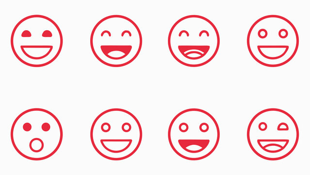 Red smiley face emoticons with multiple expressions on white background for digital communication