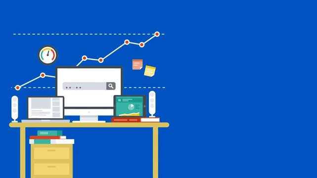 Data analysis with blue screen chroma key background. Computer screen showing line graph with plant on desk in professional workspace perfect for video editing