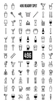 Set of 496 hand drawn doodle bar and cocktail icons.