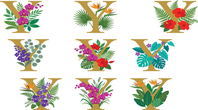 Tropical Floral Letter Y Monogram Set with Exotic Flowers Hibiscus Orchid Palm Leaves and Lush Botanical Garden Vector Design