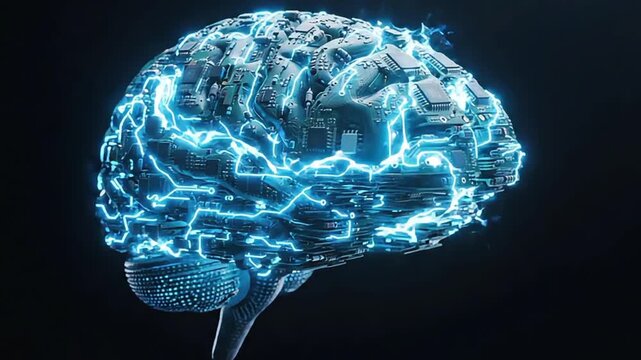 Abstract digital brain made of circuit boards and glowing blue wires artificial