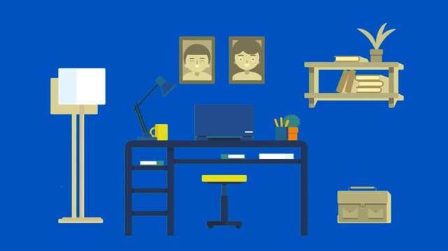 Cozy home with blue screen chroma key background. Sofa lamps and desk in comfortable professional workspace perfect for video editing